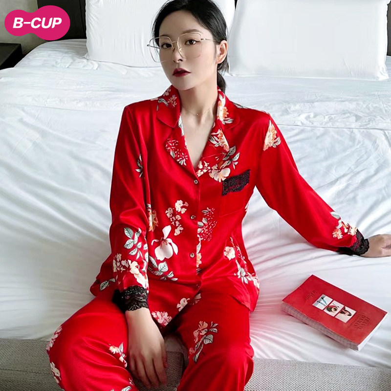 红色睡衣2021年新款春秋冰丝结婚新娘真丝气质睡衣