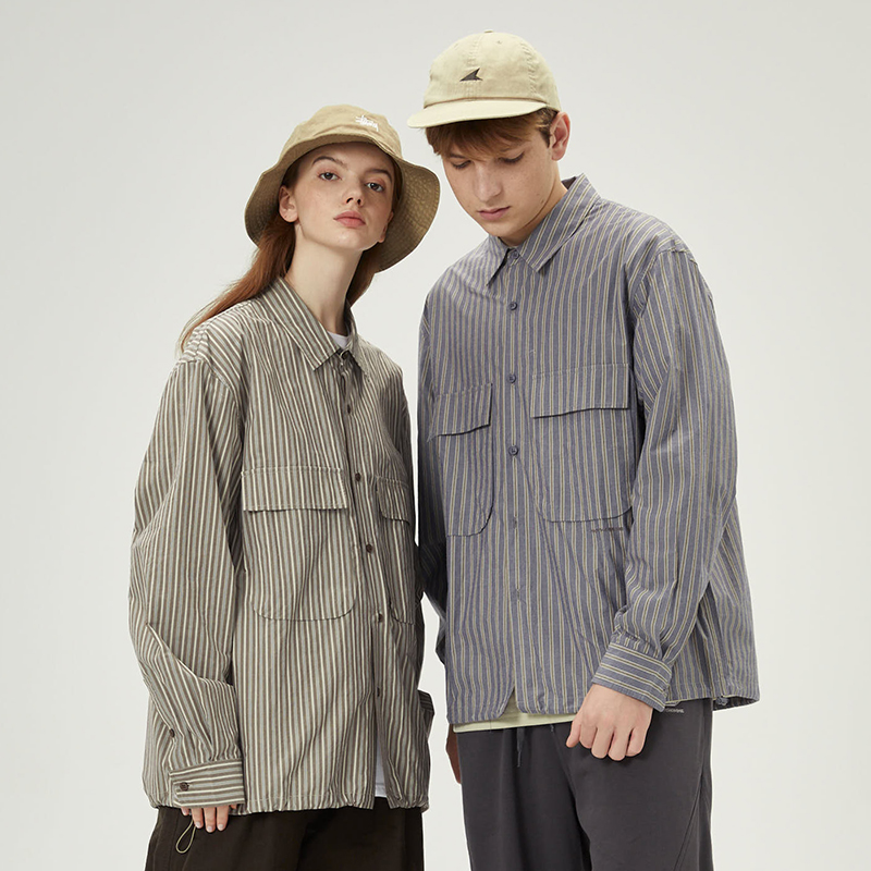 NOTHOMME潮牌秋季工装刺绣长袖条纹衬衣宽松休闲日系衬衫男薄款