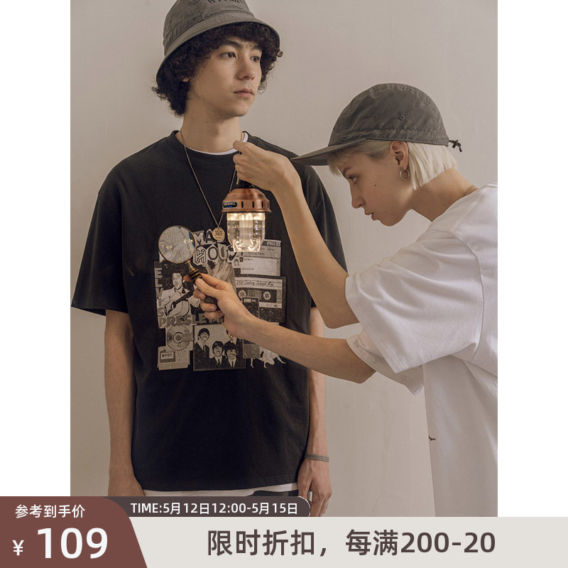 NOTHOMME 复古拼贴画日系潮牌夏季情侣上衣圆领宽松短袖印花T恤男