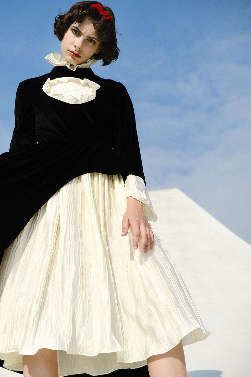 mornisle日出白桥系列复古东欧哥特风格压褶领开连衣裙