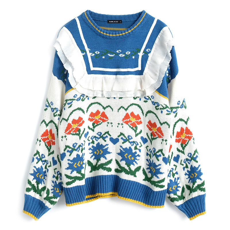 miuco重工混织花纹拼接荷叶花边宽松针织衫毛衣毛衣