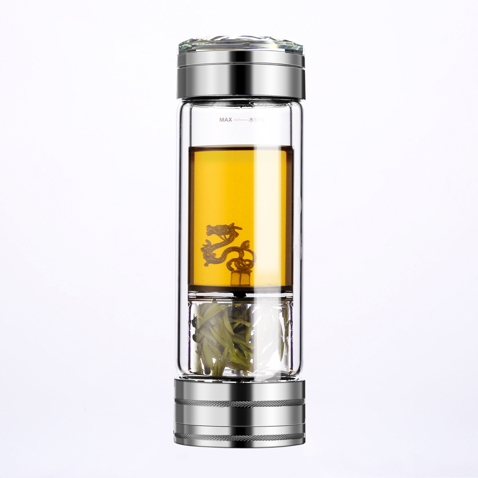 百莱斯银饰茶水分离泡茶茶杯双层玻璃杯便携过滤随手杯