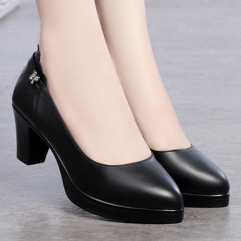 正装粗跟真皮工作鞋女鞋黑色防水台中中跟厚底单鞋