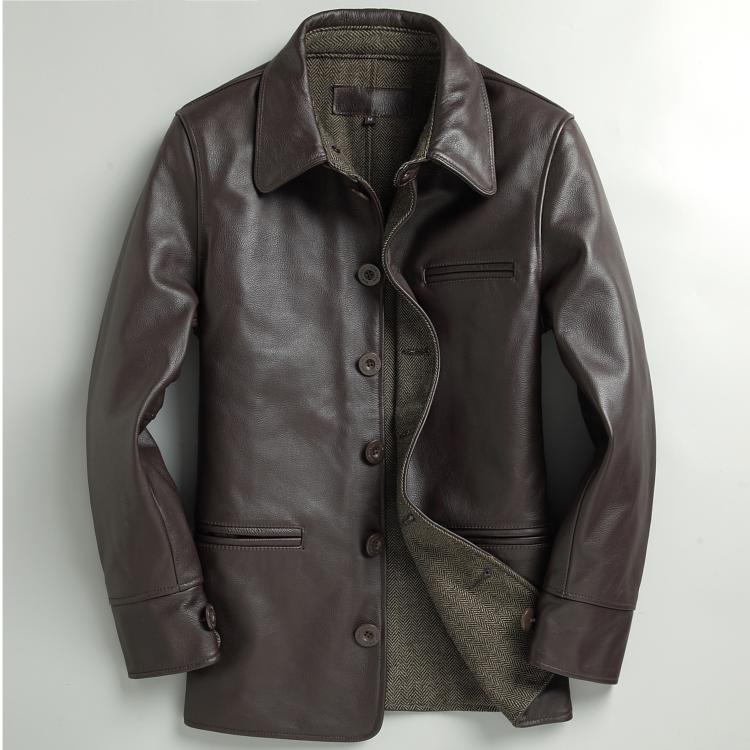 秋冬新款阿美咔叽男真皮皮衣翻领修身头层牛皮真皮男夹克外套大码