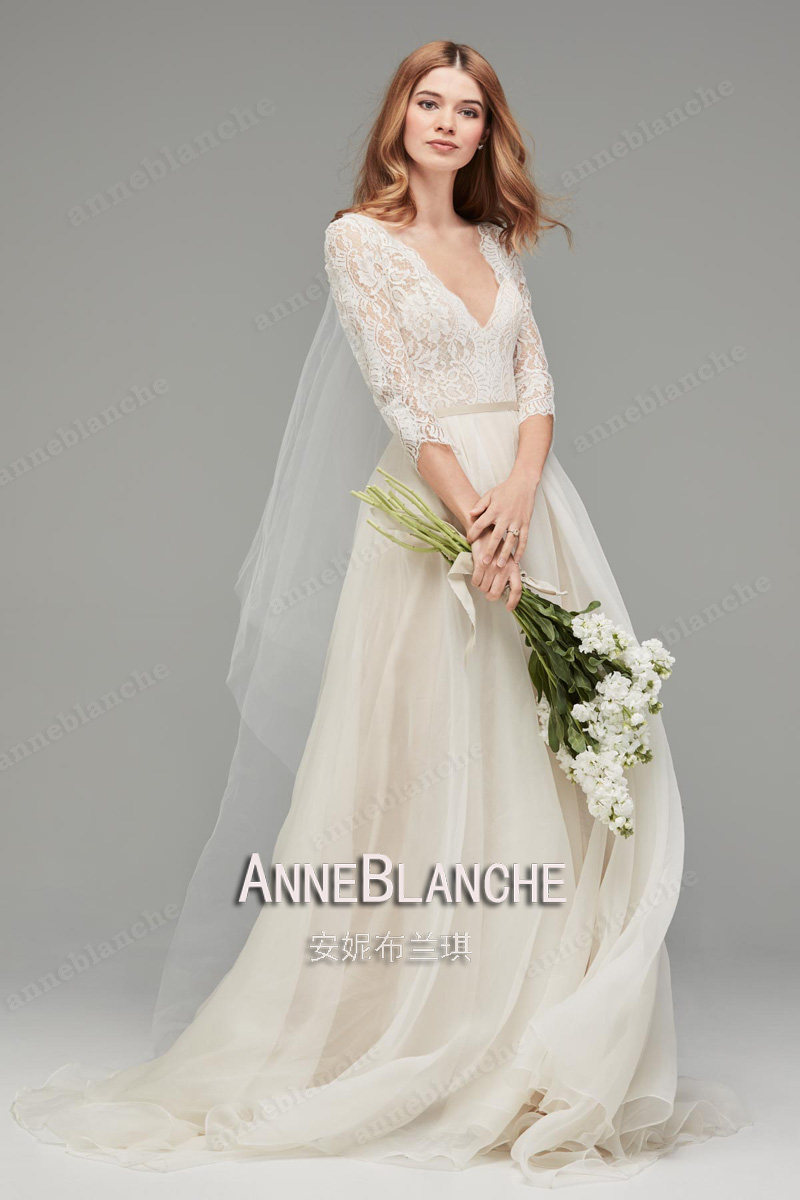 新款袖清旅拍户外小拖尾森系仙女新简约七分优雅婚纱