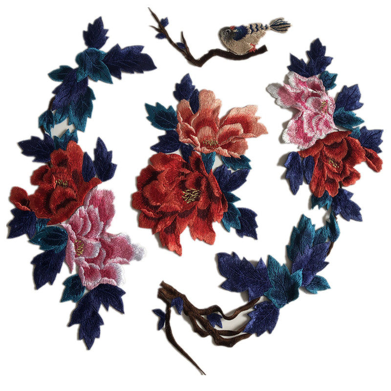 saskia牡丹牡丹花花朵小鸟刺绣布贴大补丁旗袍时尚布贴