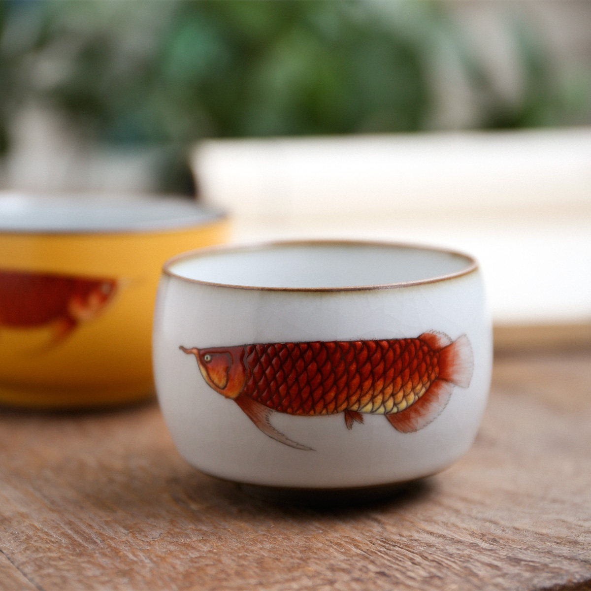 瓷盛元粉彩金龙鱼汝窑主人杯开片可养单杯景德镇陶瓷品茗茶杯