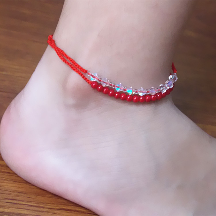 双层红绳编织脚链人造水晶朱砂女款脚饰流行时尚脚链