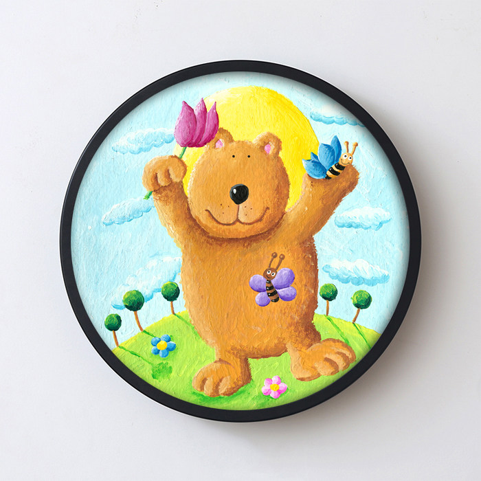 儿童房装饰画有框画清新卡通挂画幼儿园卧室壁画床头餐厅圆形墙画