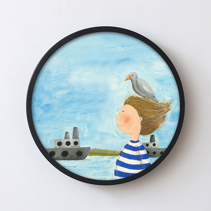 儿童房装饰画有框画清新卡通挂画幼儿园卧室壁画床头餐厅圆形墙画