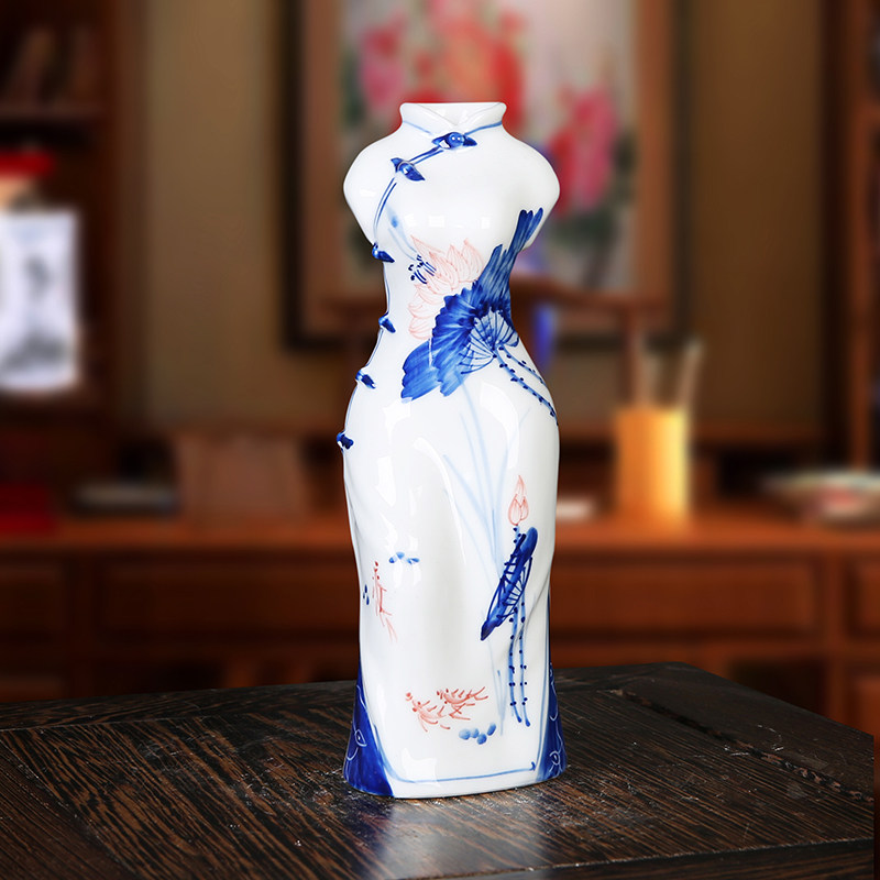 花瓶陶瓷工艺品摆件景德镇陶瓷创意青花瓷人物民族风旗袍花瓶