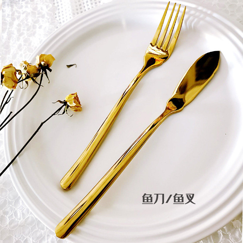 西餐鱼刀鱼叉金色摆台10件开胃品刀叉餐具不锈钢汤勺牛排刀叉勺