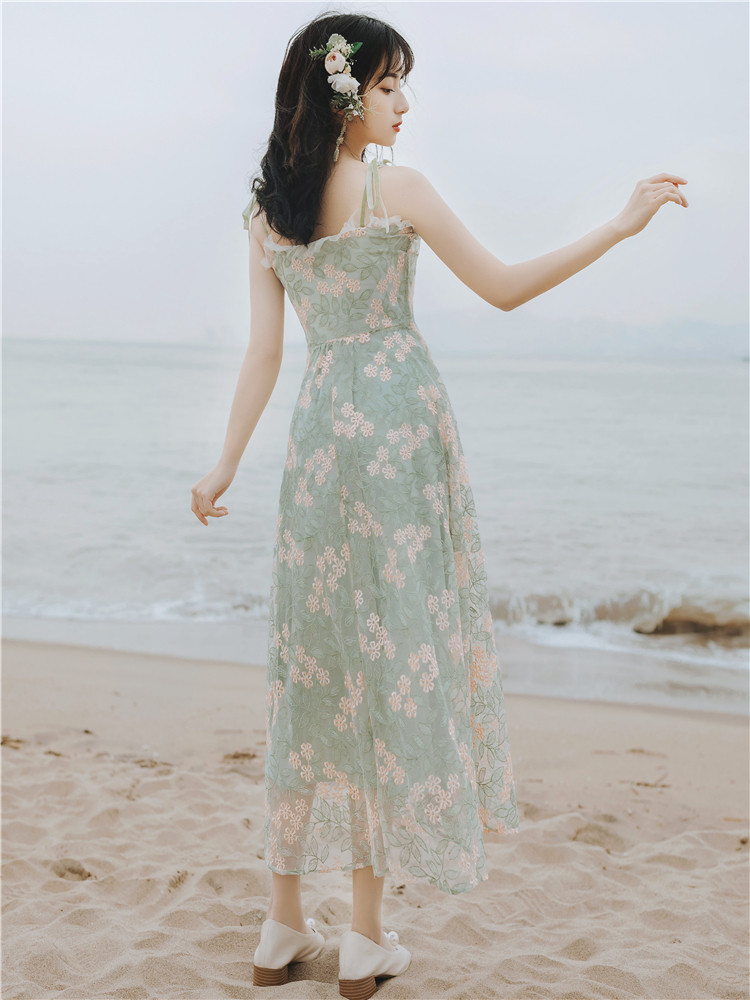 仙女女裙chic温柔抹茶桔梗学生森系中长夏天连衣裙