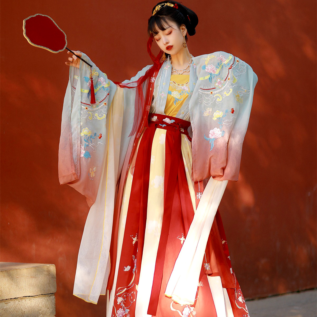 红尘原创魏晋风汉服女仙气渐变变色大袖对襟民族服装