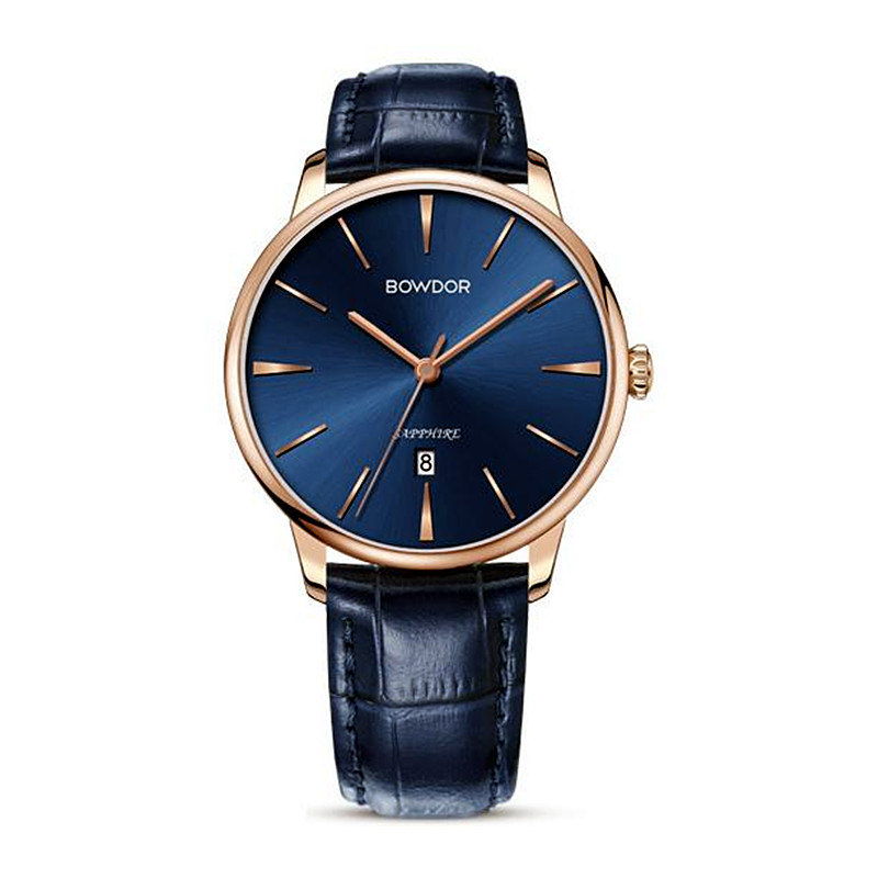 bowdor宝舵手表男士石英表真皮表带蓝宝石日历商务国产腕表