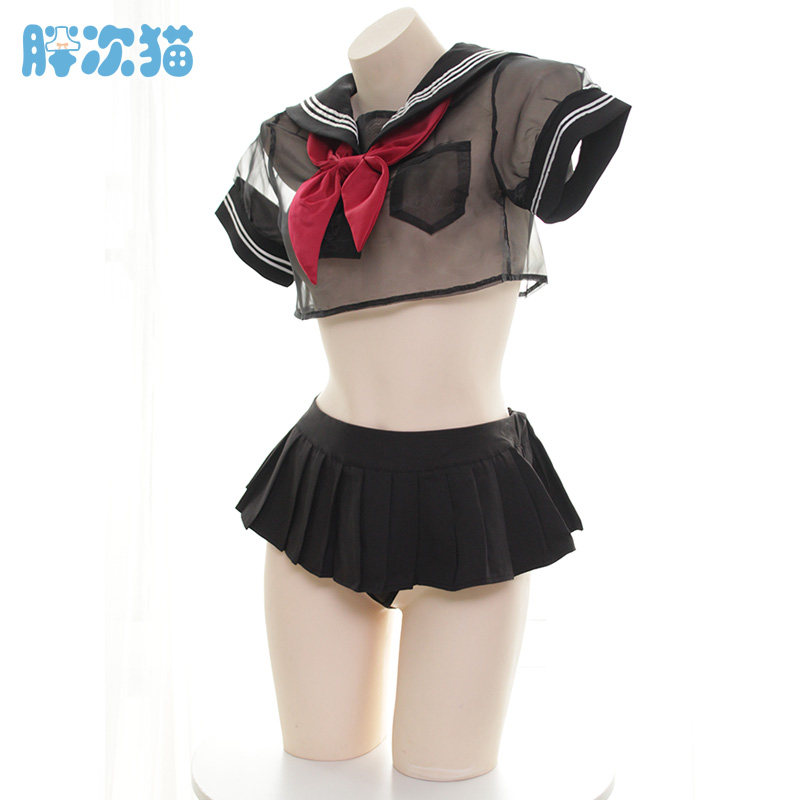 火辣学生装透明网纱水手服睡衣套装日系学生睡裙私房内衣