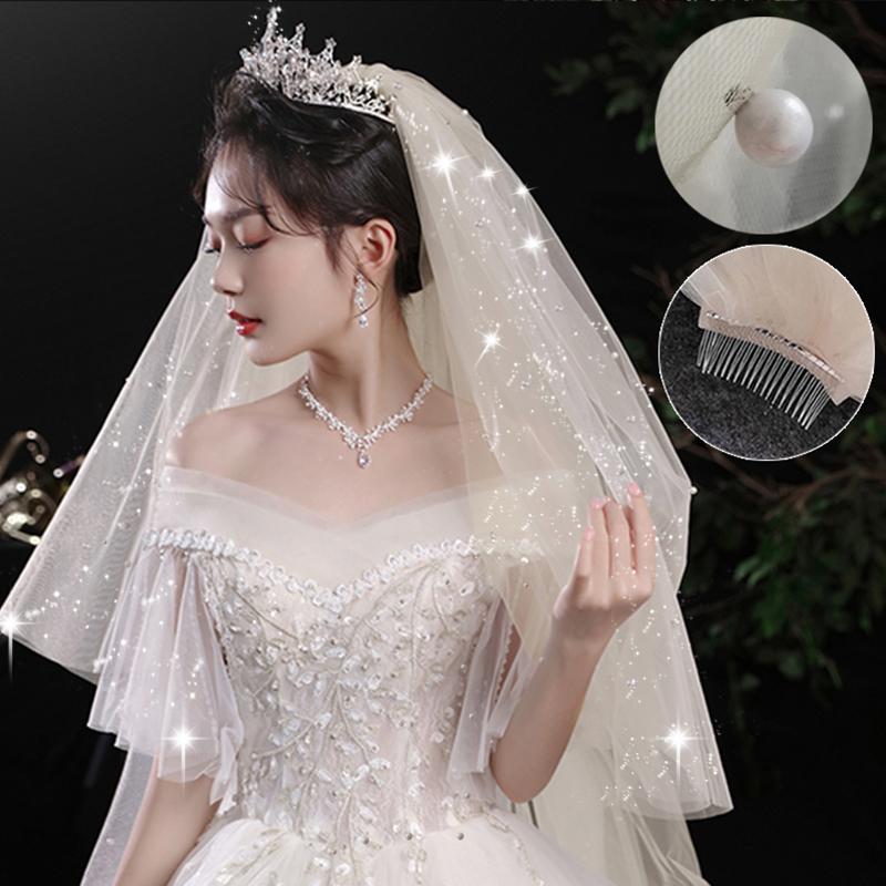 皇冠头纱一体新娘结婚主婚婚纱配饰闪闪闪亮头纱