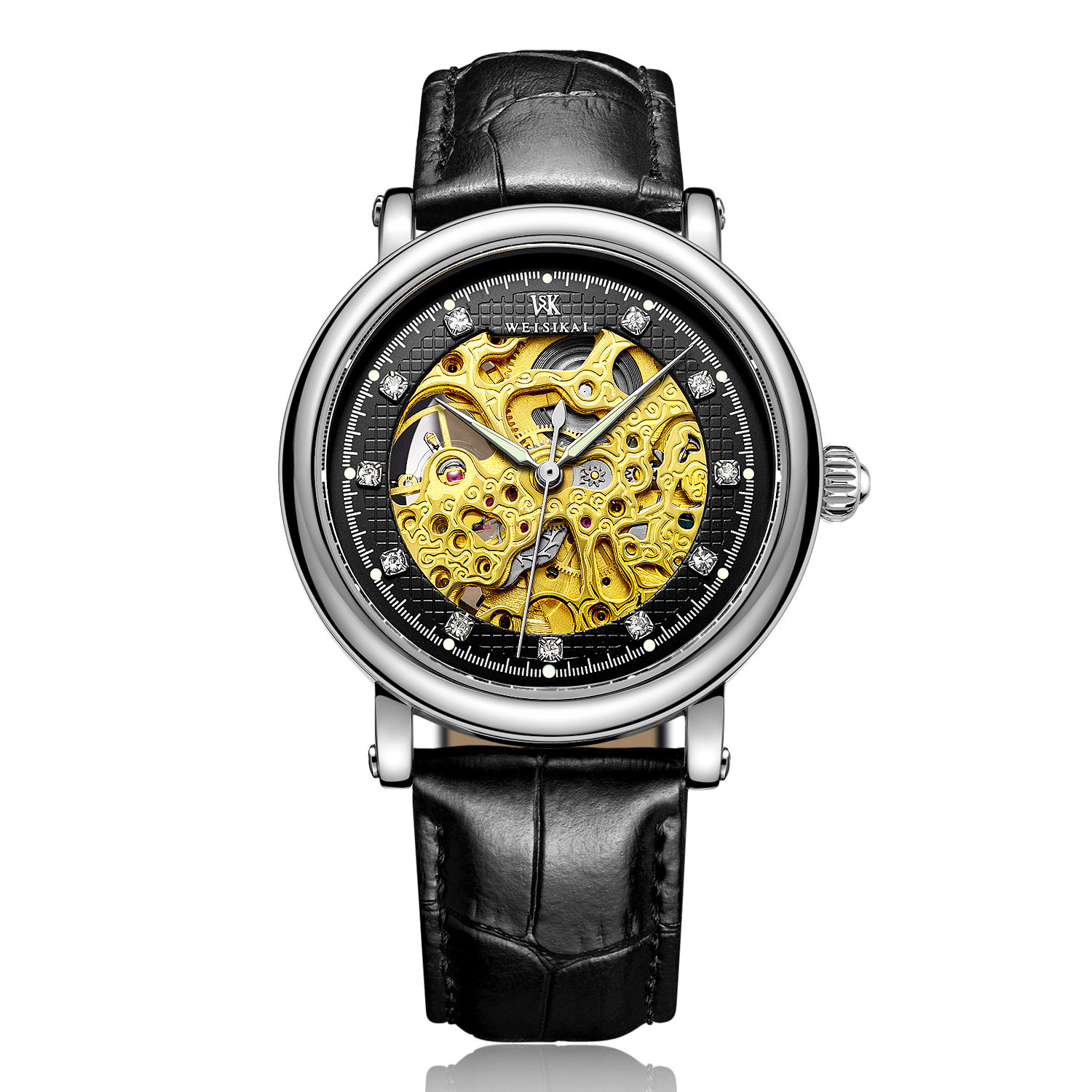 weisikai威斯凯男学生手表镶钻全自动机械表夜光飞轮腕表国产腕表
