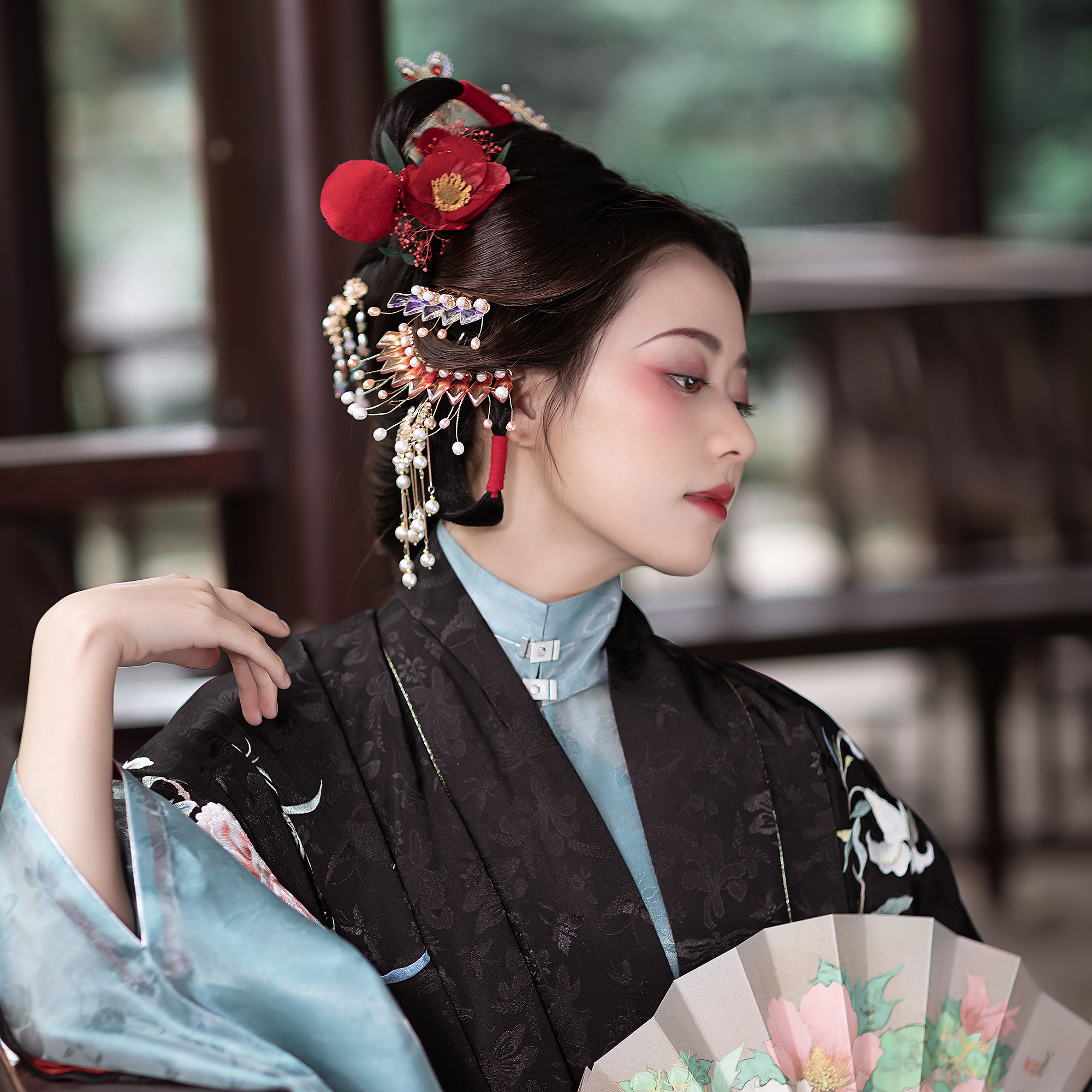 蓝色红黄头饰风排宋明雨山唐宋明排簪珍珠琉璃发饰