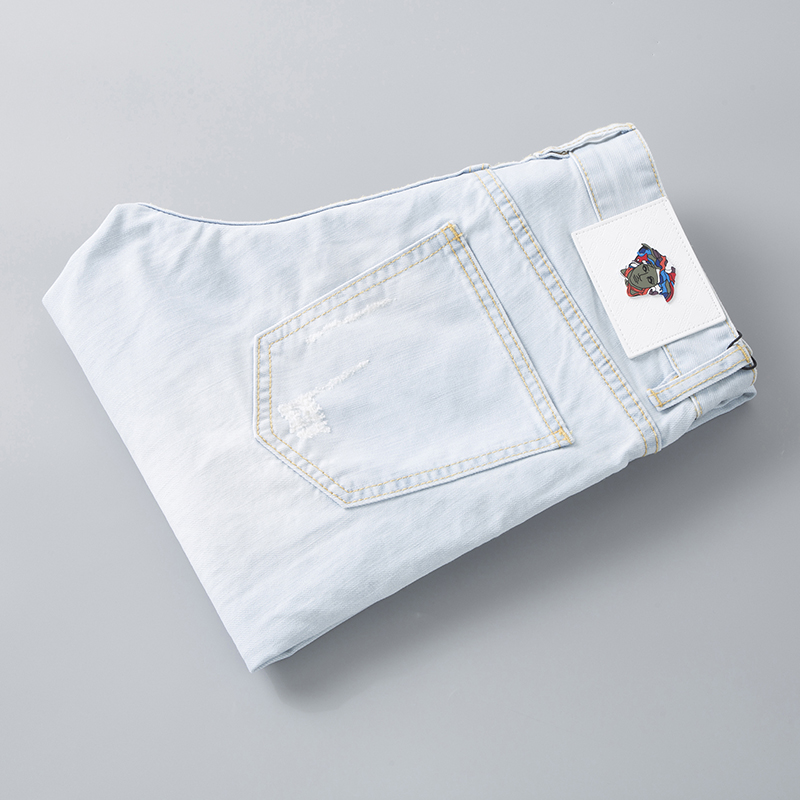 夏季欧洲站浅蓝色牛仔裤男修身潮牌欧货男士休闲浅色破洞直筒裤子