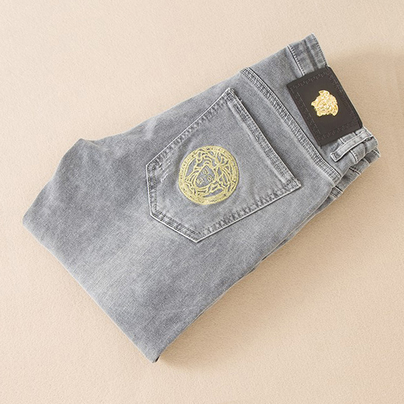 欧洲站烟灰色牛仔裤男修身小脚春秋款潮牌男士弹力小直筒裤子欧货