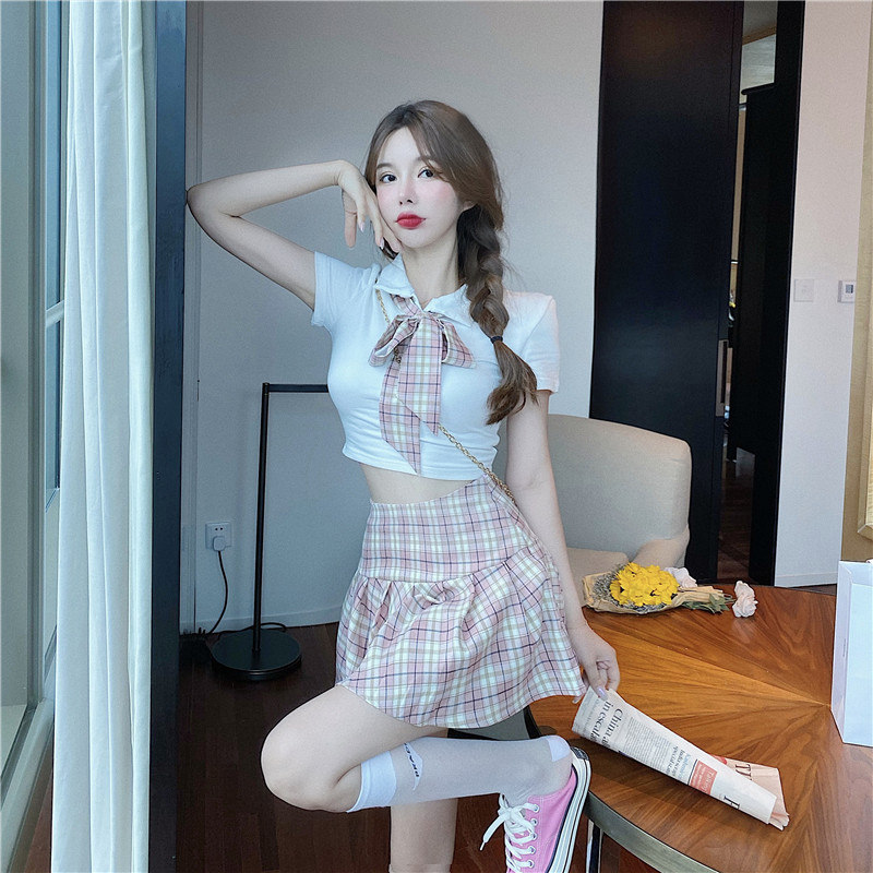 网红女主播服装学院风少女诱惑学生装露脐短款领带短袖上衣夏套装