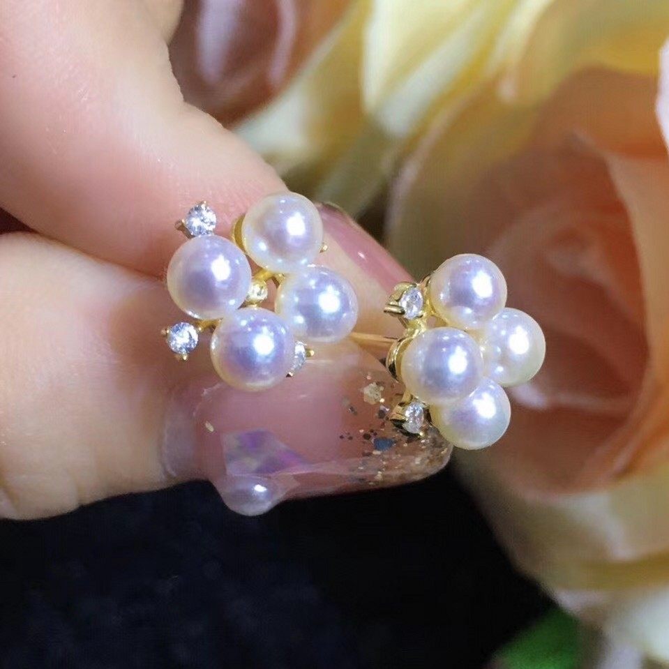 珍珠淡水akoya耳钉花蕊耳饰5mm正圆强光无瑕耳饰