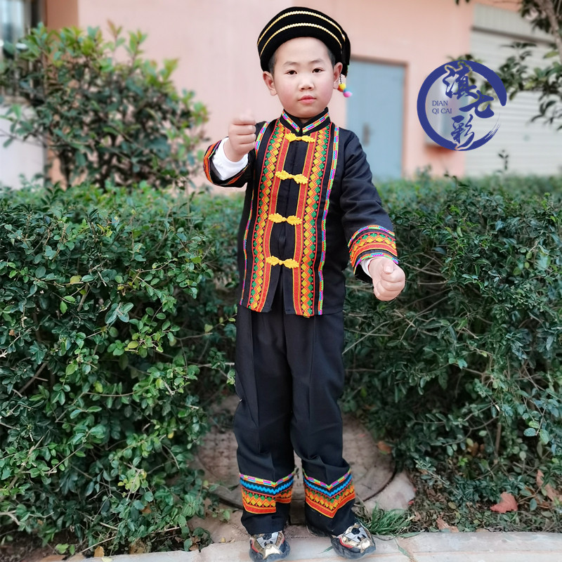 小布新款布衣男装布依族男童套装黑色长袖哈尼族儿童演出服