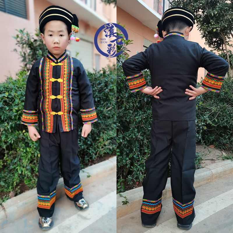小布新款布衣男装布依族男童套装黑色长袖哈尼族儿童演出服