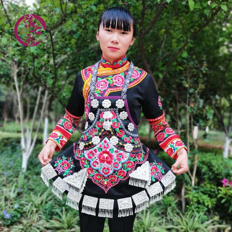 diy彝族绣花围腰峨山女装花围宝蓝蓝色刺绣民族服装