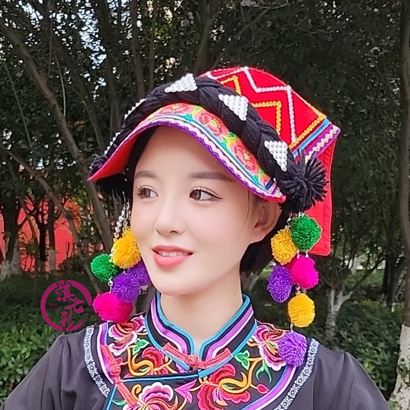 彝族盖帽精品女帽牡丹花民族特色头饰帽子绣花民族服装