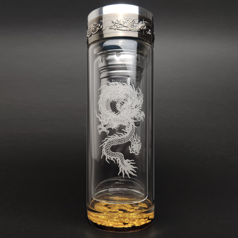 男士杯子分离茶水水杯图案双层龙图案茶杯喝水玻璃杯