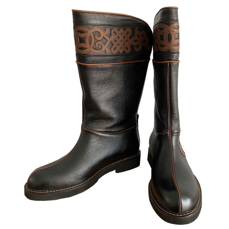 蒙古古国进口口头牛皮马靴图腾元素民族风男士马丁靴