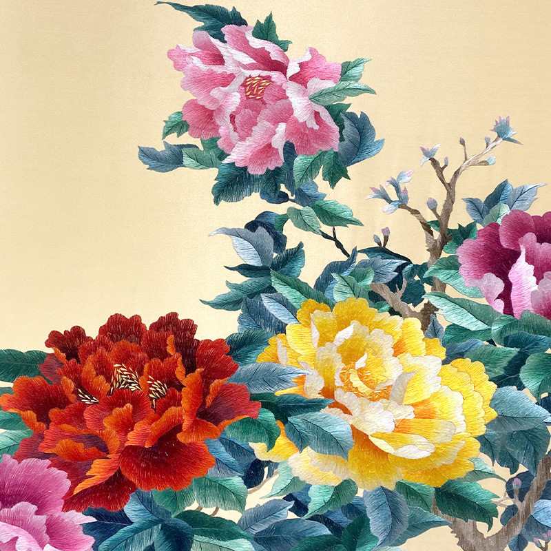 金吴针纯手工苏绣成品挂画大客厅苏州刺绣画装饰画花开富贵牡丹