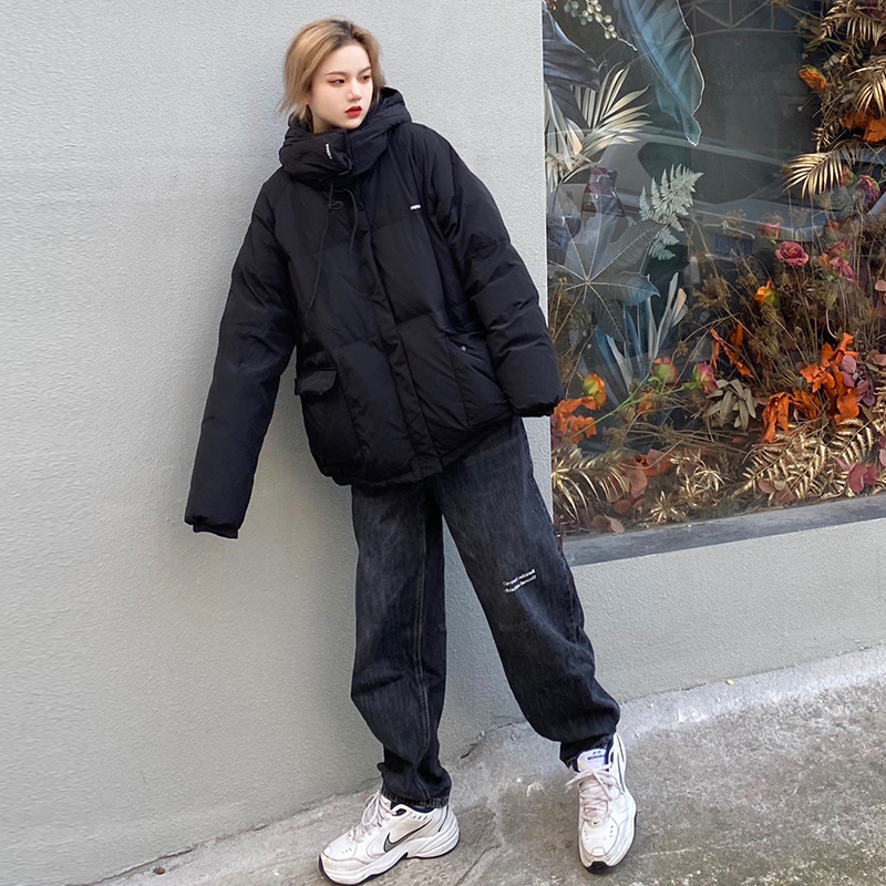 RERM潮牌羽绒服男短款黑色廓形宽松连帽羽绒服面包服冬季加厚外套