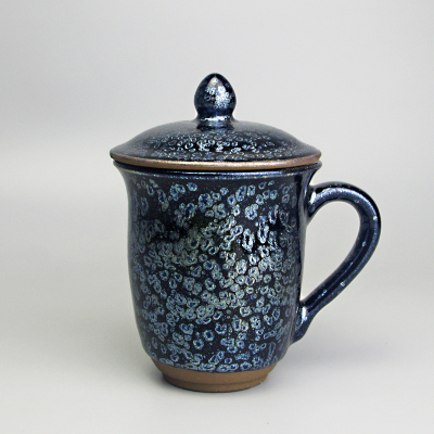 见盏乐建盏商务办公杯带盖侧把杯铁陶瓷茶杯大容量中式建阳马克杯