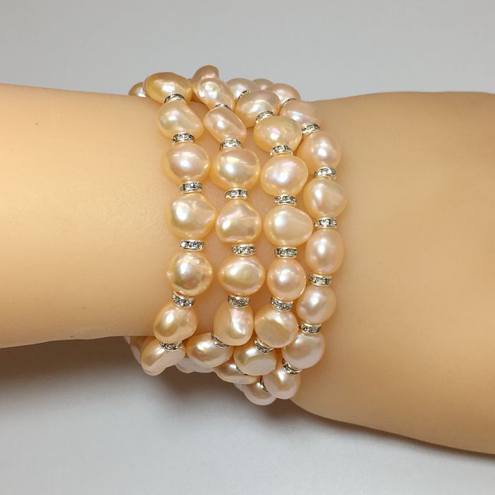 天然粉色巴洛克淡水珍珠四排手链异形不规则多排手手饰