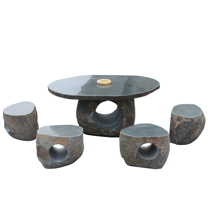 石桌石凳自然石鹅卵石青石桌黄石圆桌石凳不规则整体石桌户外庭院