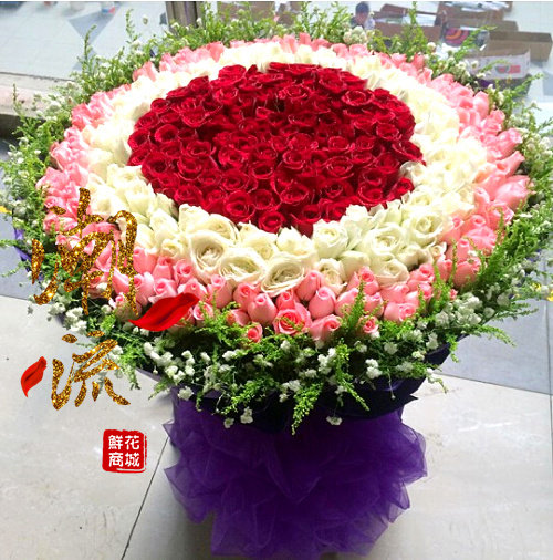 南阳鲜花速递同城1314朵红白白粉蓝玫瑰混搭鲜花三门峡鲜花速递同城