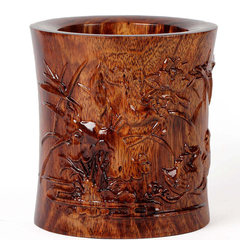 笔筒浮雕鸳鸯戏水实木红木雕刻工艺品摆件木制木雕