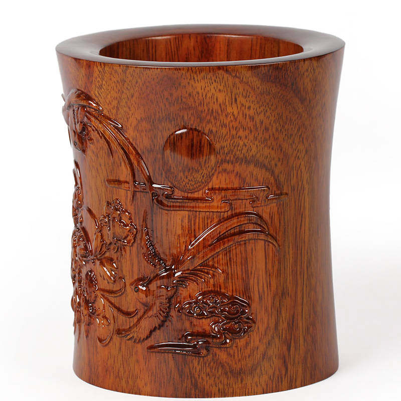 鸟语花香实木笔筒 红木雕刻工艺品摆件 原木笔筒商务礼品定制刻字