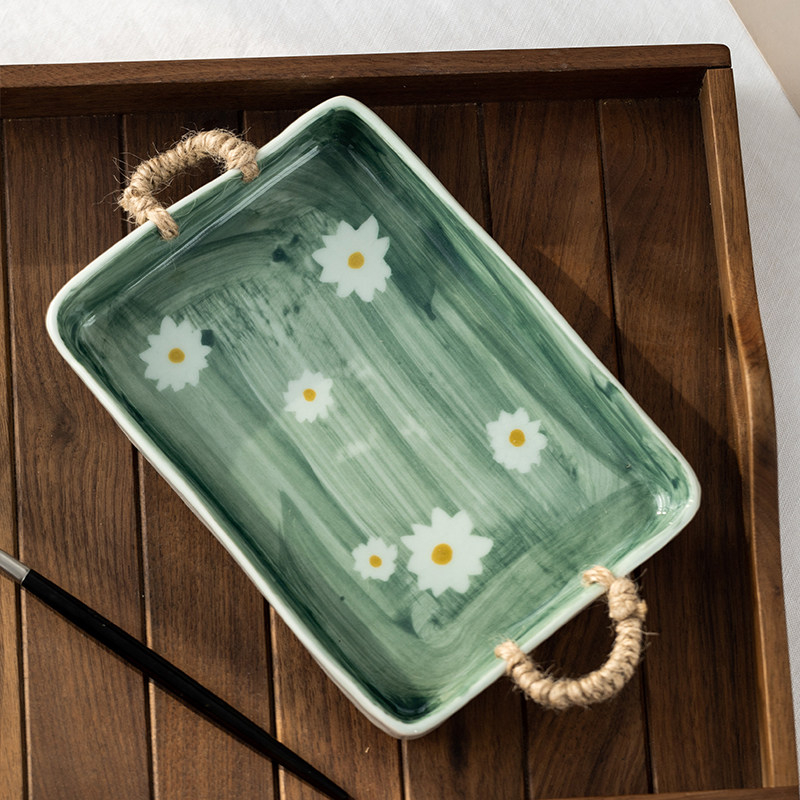 燚坊创意手绘方盘盘子清新雏菊果盘盘