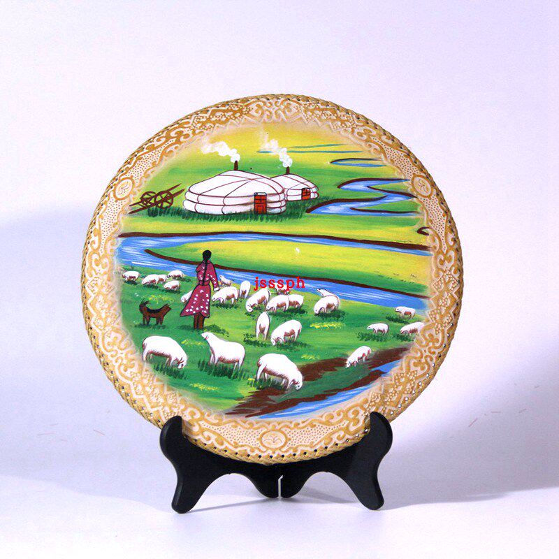 蒙古工艺品皮画特色装饰圆盘摆台画客厅摆件头饰工艺画