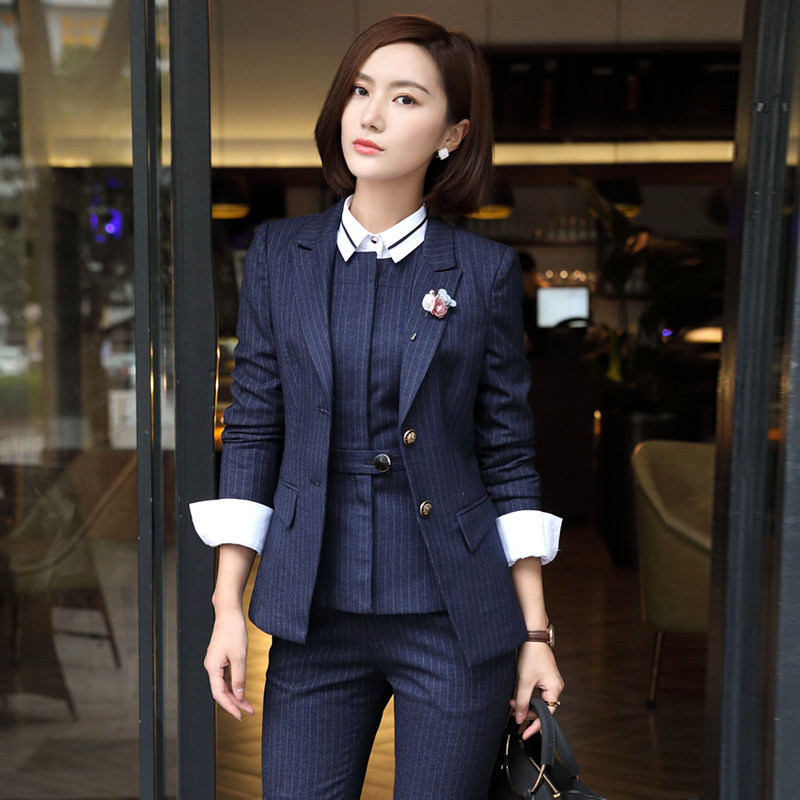 条纹西装马甲四件套女式秋冬职业套装西服正装套裤气质面试工作服
