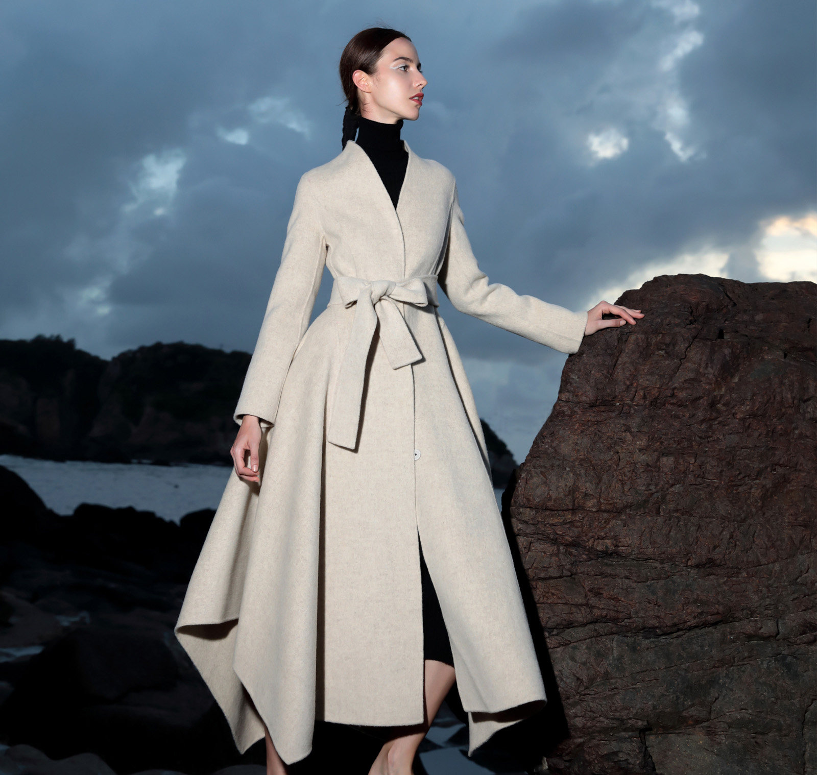 2020秋冬双面呢子大衣修身收腰超长结婚流行毛呢外套