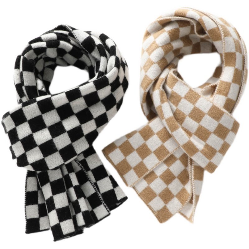 精选意单 高端棋盘格羊绒围巾冬季针织格子围脖保暖百搭男女通用 –