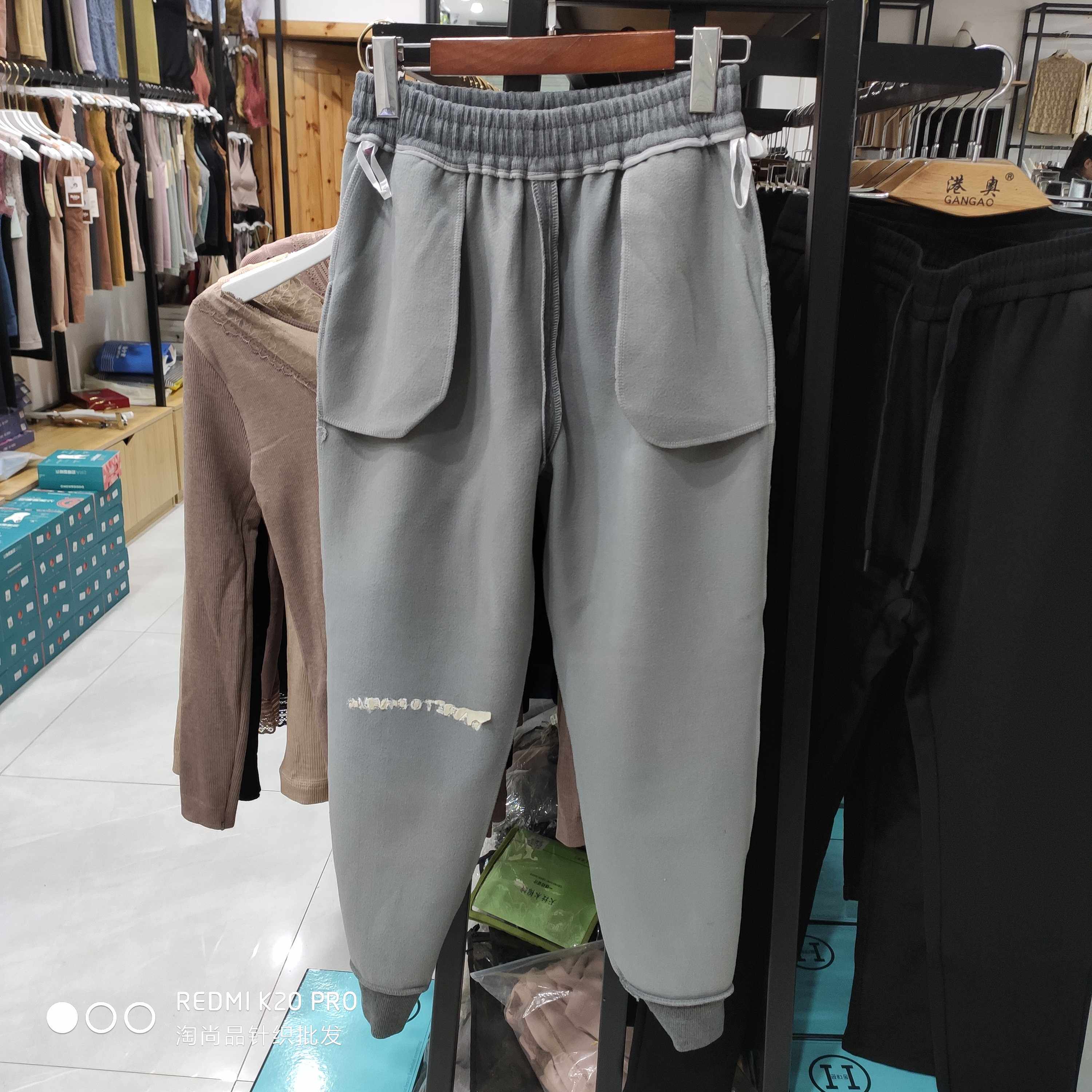 树熊唯唯松紧抽绳束脚加绒卫裤女2020冬季九分休闲裤