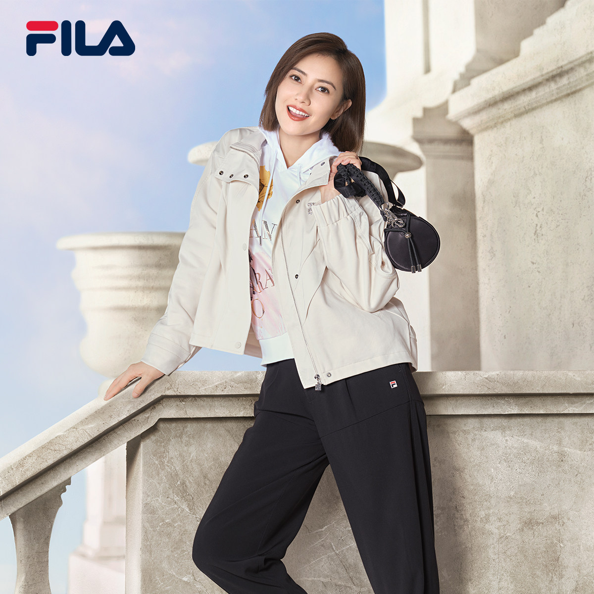 高圆圆同款fila斐乐官方女梭织长裤2021冬季新款西装束脚裤女