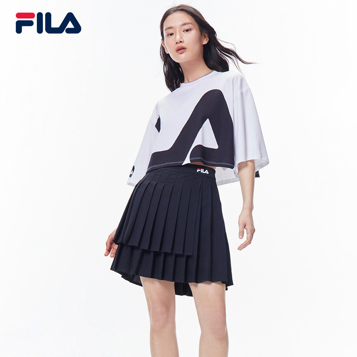 江疏影同款fila斐乐女子半身裙2021年秋季新款短裙高腰百褶裙