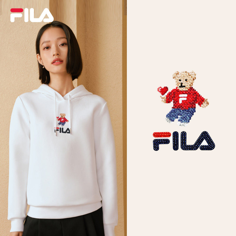 fila斐乐官方连帽卫衣女秋季新款时尚抗菌小熊刺绣远红外发热卫衣